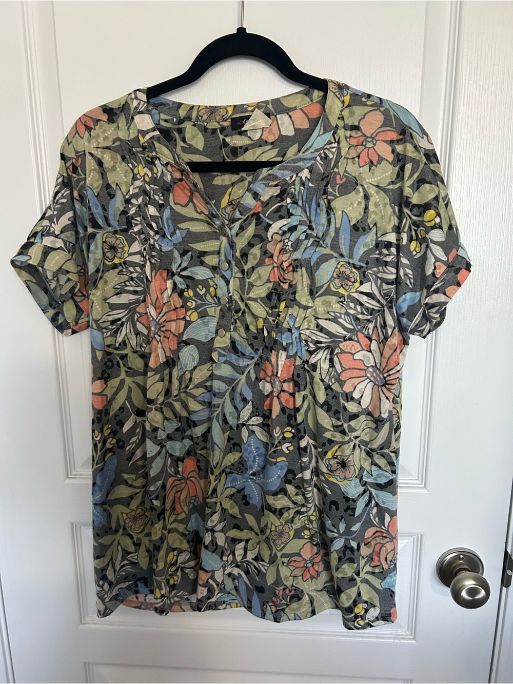 Cocomo Olive Multi Floral Short-Sleeve V-Neck Tee